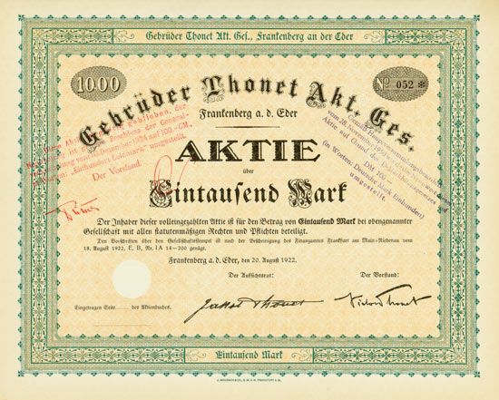 Aktie über 1000 Mark der Gebrüder Thonet AG vom 20. August 1922